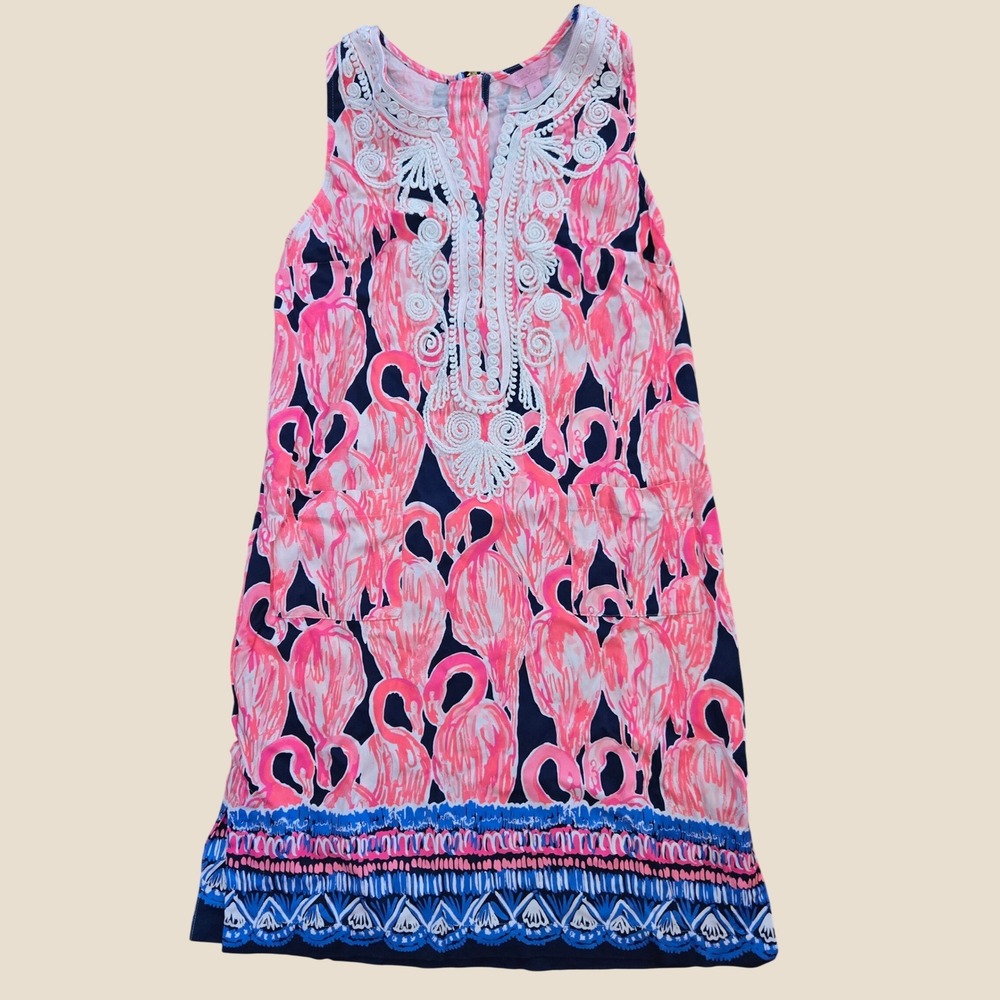 Lilly Pulitzer Flamingo Party Shift Dress Pink Navy Soutache Embroidery Size 2